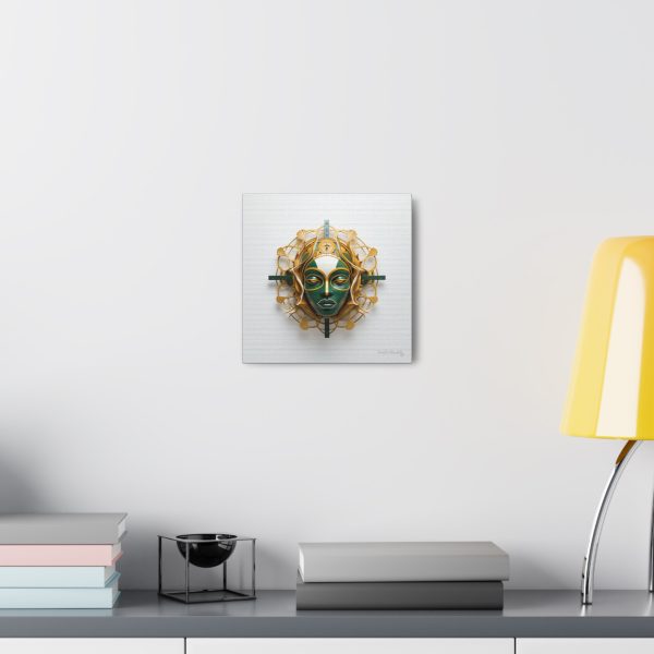 Canvas Gallery Wrap Tribal Mask Mandala, Green and Gold - "Nexus" - Image 4