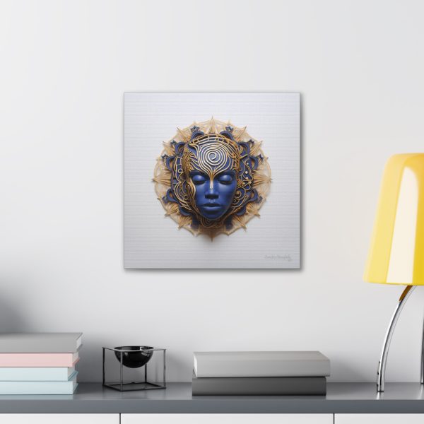 Canvas Gallery Wrap Tribal Mask Mandala, Blue and Gold - "Weaver" - Image 12