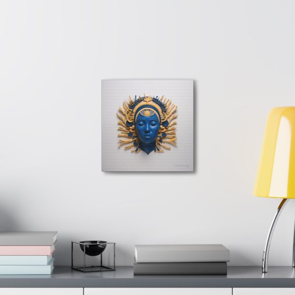 Canvas Gallery Wrap Tribal Mask Mandala, Blue and Gold - "Osseous" - Image 8
