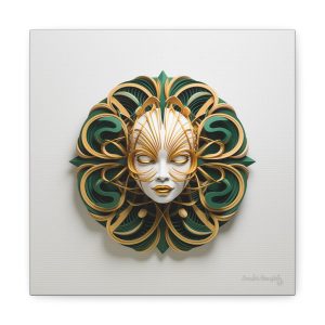 Canvas Gallery Wrap Tribal Mask Mandala, Green and Gold - "Phoebus"