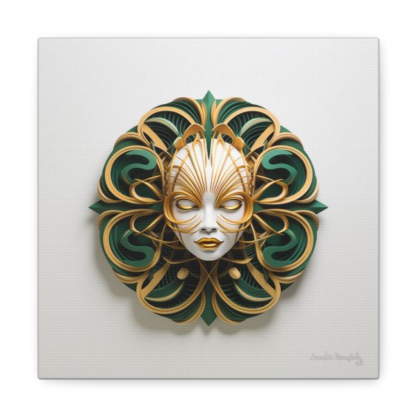 Canvas Gallery Wrap Tribal Mask Mandala, Green and Gold - "Phoebus"