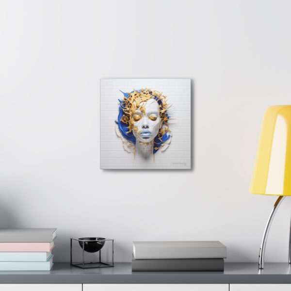 Canvas Gallery Wrap Tribal Mask Mandala, Blue and Gold - "Cascade" - Image 8