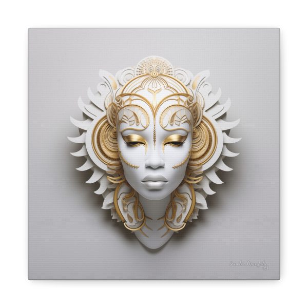 Canvas Gallery Wrap Tribal Mask Mandala, White and Gold - "Ember"