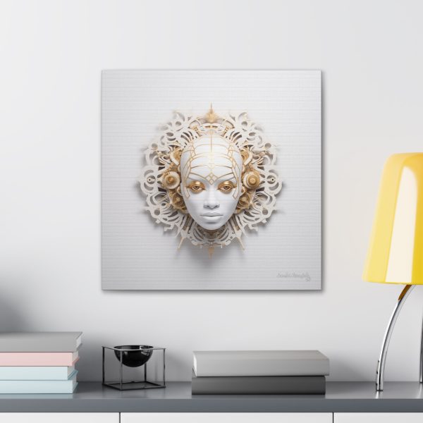 Canvas Gallery Wrap Tribal Mask Mandala, White and Gold - "Enigma" - Image 24