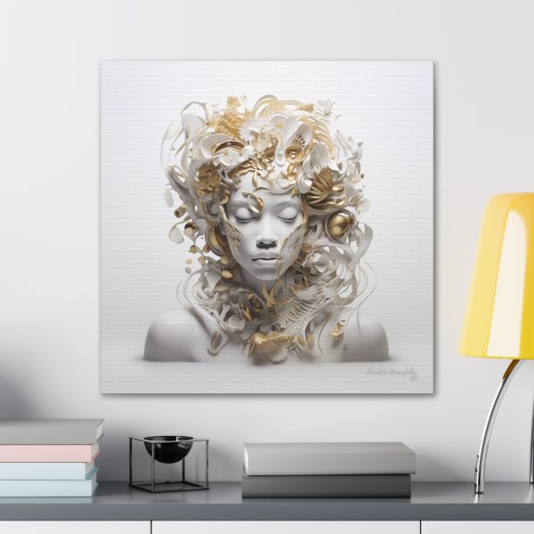 Canvas Gallery Wrap Tribal Mask Mandala, White and Gold - "Anthousai" - Image 11