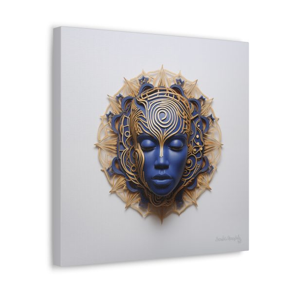 Canvas Gallery Wrap Tribal Mask Mandala, Blue and Gold - "Weaver" - Image 10