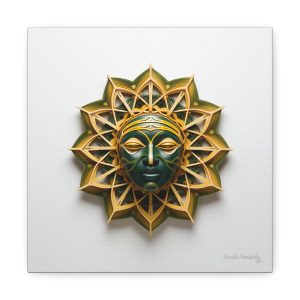 Canvas Gallery Wrap Tribal Mask Mandala, Green and Gold - "Sol"
