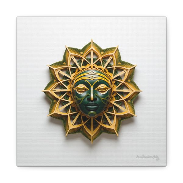 Canvas Gallery Wrap Tribal Mask Mandala, Green and Gold - "Sol"