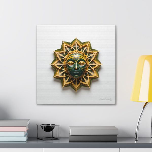 Canvas Gallery Wrap Tribal Mask Mandala, Green and Gold - "Sol" - Image 24