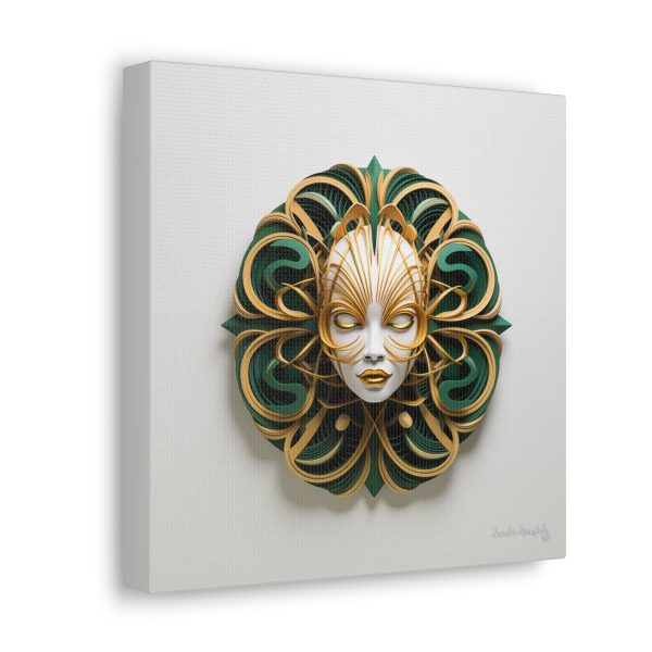 Canvas Gallery Wrap Tribal Mask Mandala, Green and Gold - "Phoebus" - Image 2