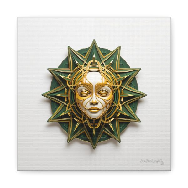 Canvas Gallery Wrap Tribal Mask Mandala, Green and Gold - "Ray"