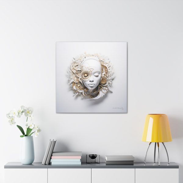 Canvas Gallery Wrap Tribal Mask Mandala, White and Gold - "Horology" - Image 16