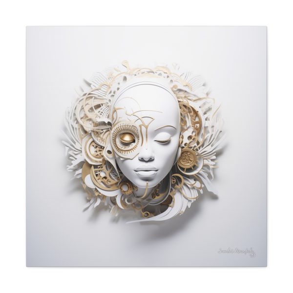 Canvas Gallery Wrap Tribal Mask Mandala, White and Gold - "Horology" - Image 13