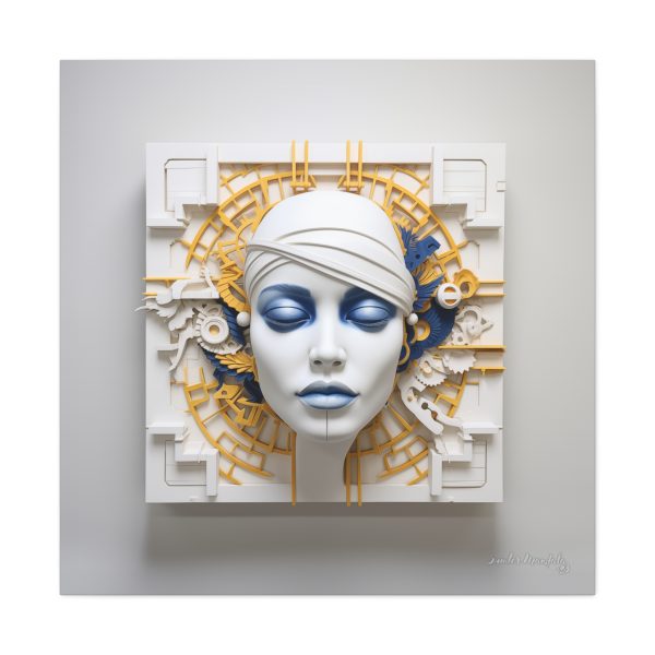 Canvas Gallery Wrap Tribal Mask Mandala, Blue and Gold - "Maze" - Image 29