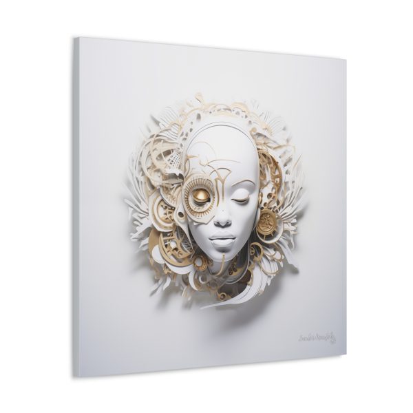 Canvas Gallery Wrap Tribal Mask Mandala, White and Gold - "Horology" - Image 14