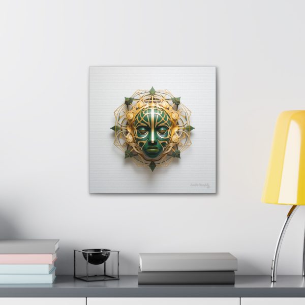 Canvas Gallery Wrap Tribal Mask Mandala, Green and Gold - "Fiber" - Image 12