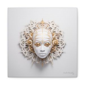 Canvas Gallery Wrap Tribal Mask Mandala, White and Gold - "Enigma"