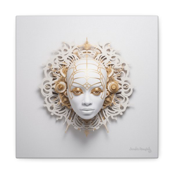 Canvas Gallery Wrap Tribal Mask Mandala, White and Gold - "Enigma"