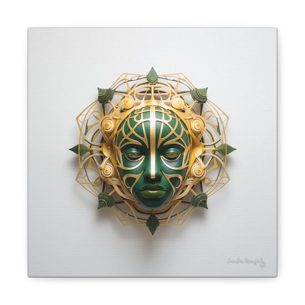 Canvas Gallery Wrap Tribal Mask Mandala, Green and Gold - "Fiber"