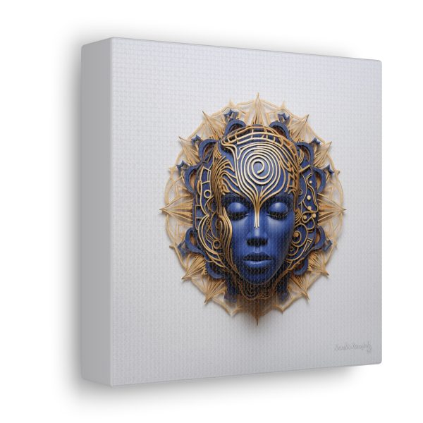 Canvas Gallery Wrap Tribal Mask Mandala, Blue and Gold - "Weaver" - Image 18