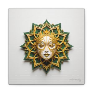 Canvas Gallery Wrap Tribal Mask Mandala, Green and Gold - "Helio"