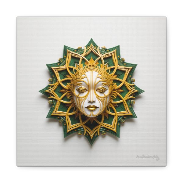 Canvas Gallery Wrap Tribal Mask Mandala, Green and Gold - "Helio"
