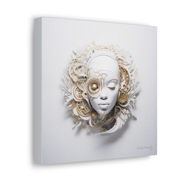 Canvas Gallery Wrap Tribal Mask Mandala, White and Gold - "Horology" - Image 2