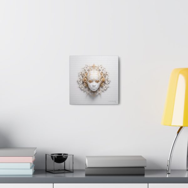 Canvas Gallery Wrap Tribal Mask Mandala, White and Gold - "Enigma" - Image 4