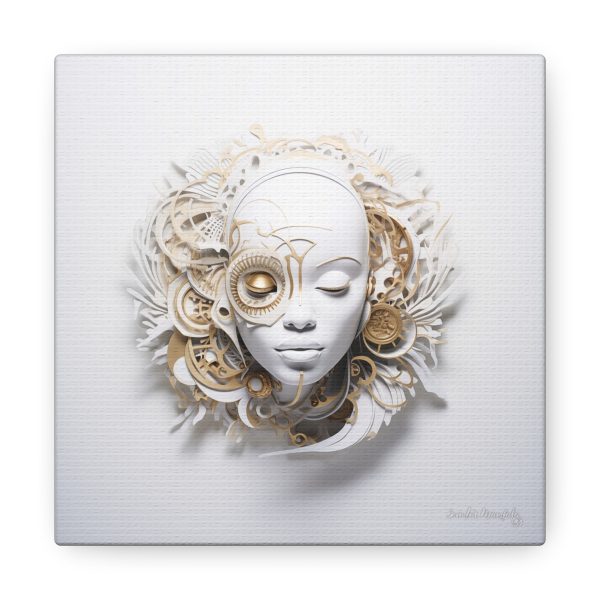 Canvas Gallery Wrap Tribal Mask Mandala, White and Gold - "Horology" - Image 17