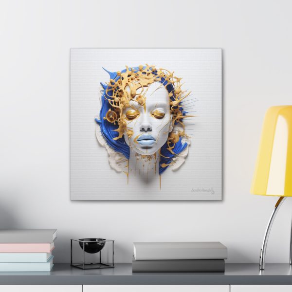 Canvas Gallery Wrap Tribal Mask Mandala, Blue and Gold - "Cascade" - Image 24