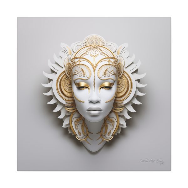 Canvas Gallery Wrap Tribal Mask Mandala, White and Gold - "Ember" - Image 29