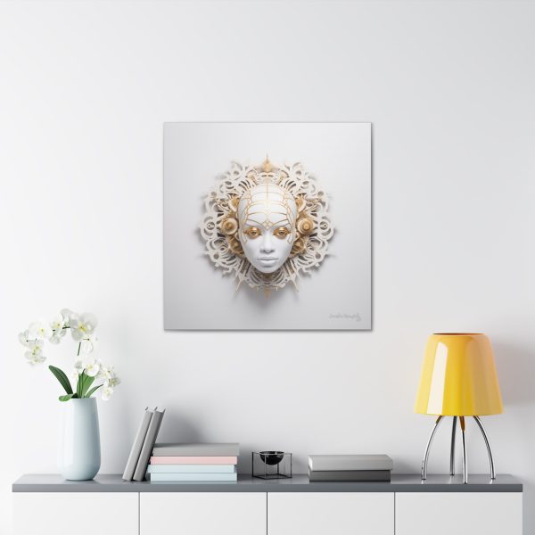 Canvas Gallery Wrap Tribal Mask Mandala, White and Gold - "Enigma" - Image 16