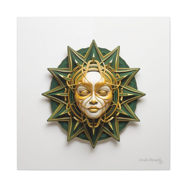 Canvas Gallery Wrap Tribal Mask Mandala, Green and Gold - "Ray" - Image 29