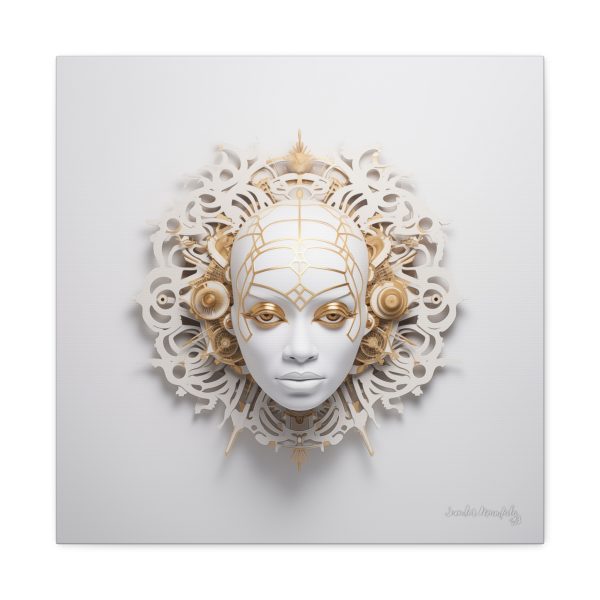 Canvas Gallery Wrap Tribal Mask Mandala, White and Gold - "Enigma" - Image 21