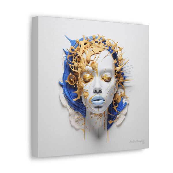 Canvas Gallery Wrap Tribal Mask Mandala, Blue and Gold - "Cascade" - Image 6