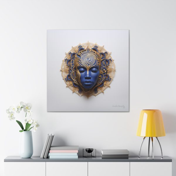 Canvas Gallery Wrap Tribal Mask Mandala, Blue and Gold - "Weaver" - Image 32
