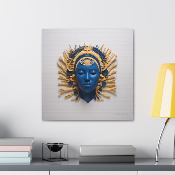 Canvas Gallery Wrap Tribal Mask Mandala, Blue and Gold - "Osseous" - Image 24