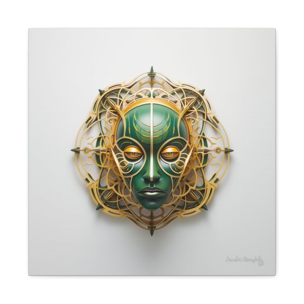 Canvas Gallery Wrap Tribal Mask Mandala, Green and Gold - "Tesselate" - Image 21