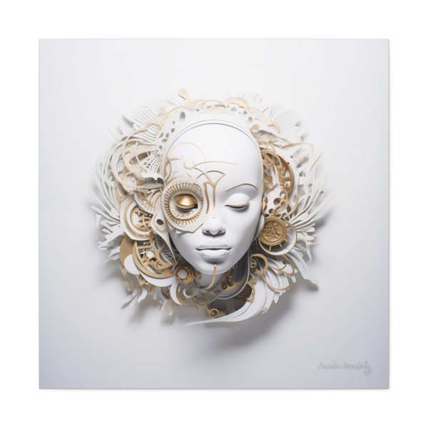 Canvas Gallery Wrap Tribal Mask Mandala, White and Gold - "Horology" - Image 29