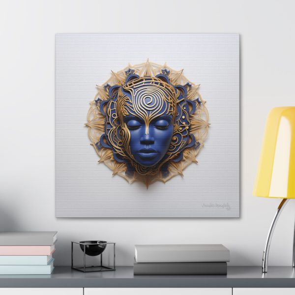 Canvas Gallery Wrap Tribal Mask Mandala, Blue and Gold - "Weaver" - Image 28