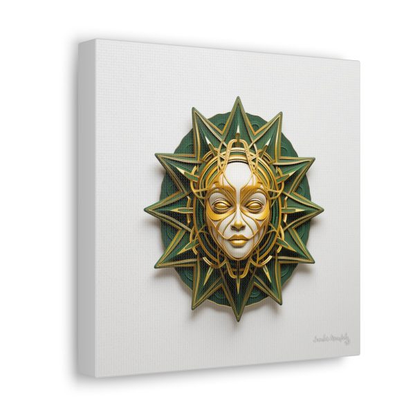 Canvas Gallery Wrap Tribal Mask Mandala, Green and Gold - "Ray" - Image 2