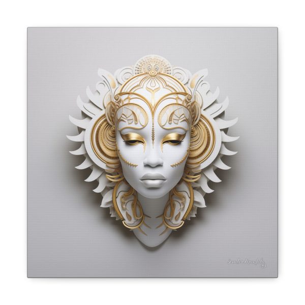 Canvas Gallery Wrap Tribal Mask Mandala, White and Gold - "Ember" - Image 5