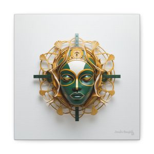 Canvas Gallery Wrap Tribal Mask Mandala, Green and Gold - "Nexus"