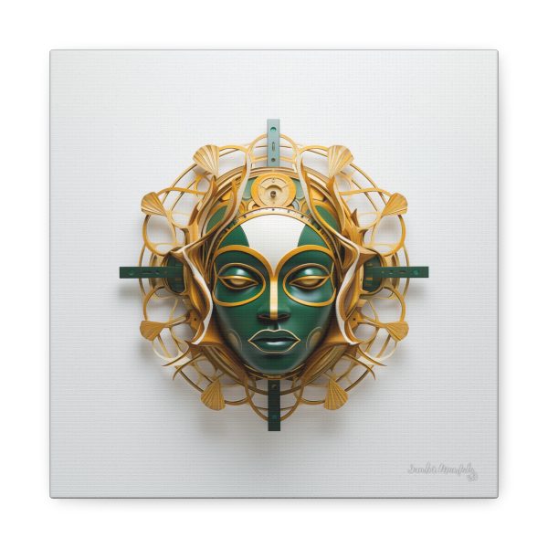 Canvas Gallery Wrap Tribal Mask Mandala, Green and Gold - "Nexus"