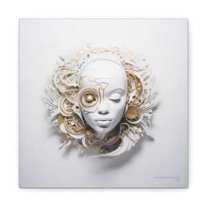Canvas Gallery Wrap Tribal Mask Mandala, White and Gold - "Horology"