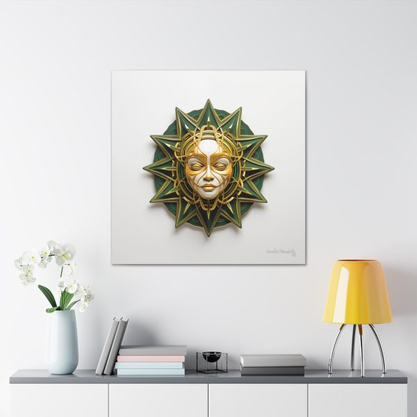 Canvas Gallery Wrap Tribal Mask Mandala, Green and Gold - "Ray" - Image 32