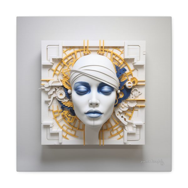 Canvas Gallery Wrap Tribal Mask Mandala, Blue and Gold - "Maze" - Image 9