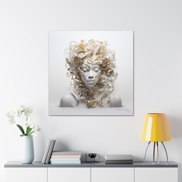 Canvas Gallery Wrap Tribal Mask Mandala, White and Gold - "Anthousai" - Image 9