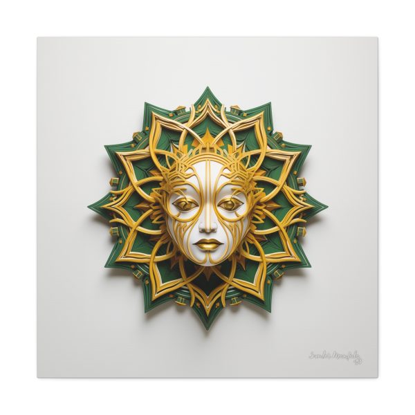 Canvas Gallery Wrap Tribal Mask Mandala, Green and Gold - "Helio" - Image 13
