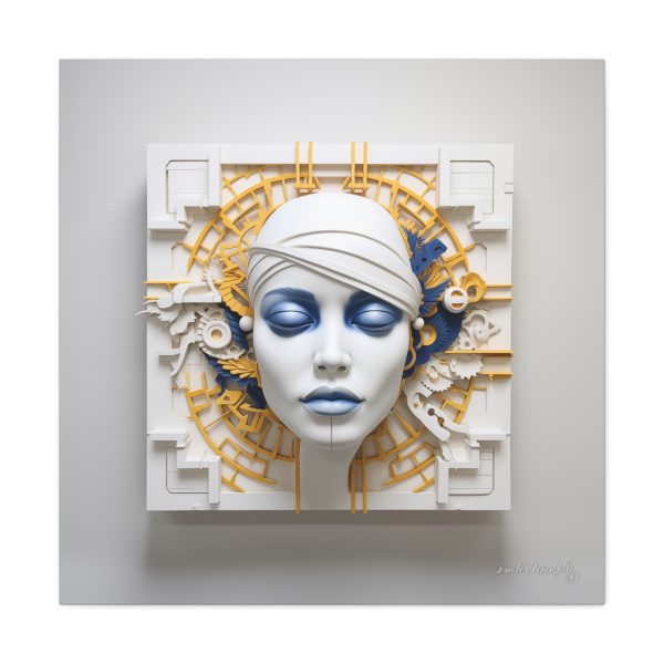 Canvas Gallery Wrap Tribal Mask Mandala, Blue and Gold - "Maze" - Image 13